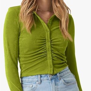 Green ruched button down crop top